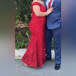Red prom dress or perfect for holiday season. Off the shoulder.